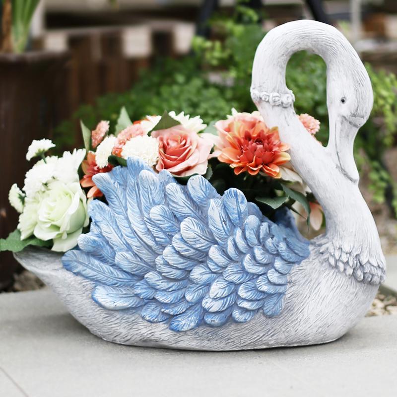 Outdoor Decoration Ideas, Garden Ideas, Blue Wing Swan Flower Pot, Animal Statue for Garden Ornament, Swan Lovers Statues, Villa Courtyard Decor-HomePaintingDecor