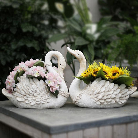 White Swan Flower Pot, Small Animal Statue for Garden Ornament, Swan Lovers Statues, Villa Courtyard Decor, Outdoor Decoration Ideas, Garden Ideas-HomePaintingDecor
