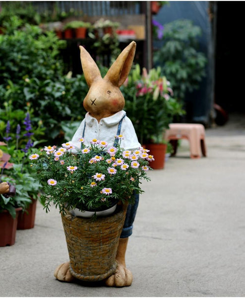 Garden Courtyard Ornament, Large Rabbit Statue for Garden, Bunny Flower Pot, Villa Outdoor Decor Gardening Ideas, House Warming Gift-HomePaintingDecor