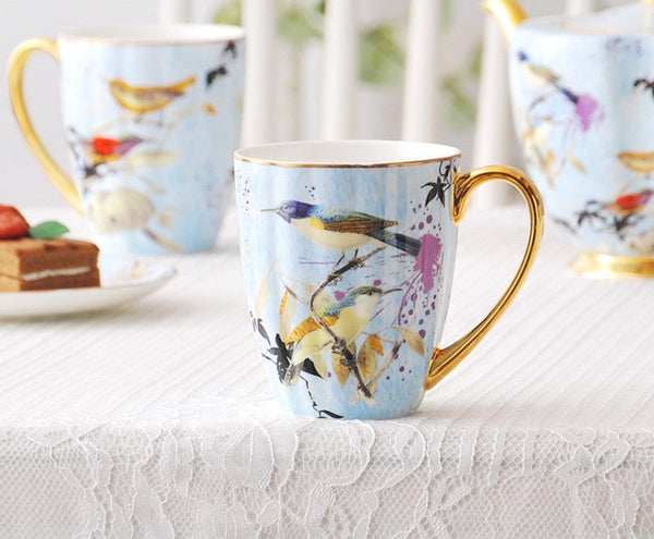 Large Creative Bone China Porcelain Mug, Elegant Blue Ceramic Coffee Mug, Beautiful Bird Flower Ceramic Mug, Large Capacity Ceramic Mugs for Office-HomePaintingDecor