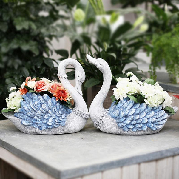 Large Blue Swan Flower Pot, Animal Statue for Garden Ornament, Swan Lovers Statues, Villa Courtyard Decor, Outdoor Decoration Ideas, Garden Ideas-HomePaintingDecor