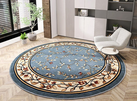 Rustic Round Area Rug for Coffee Table, Dining Room Flower Pattern Area Rugs, Farm House Area Rugs, Bedroom Floor Rugs, Large Blue Rugs for Living Room-HomePaintingDecor