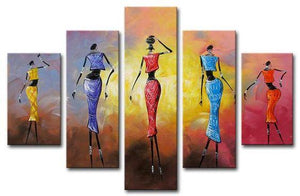 African Dancing Girl Painting, 5 Piece Acrylic Art, Abstract Painting, Extra Large Canvas Painting-HomePaintingDecor