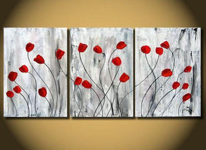 Red Poppy Flower Paintings, Acrylic Flower Painting, 3 Piece Painting, Modern Wall Art Painting-HomePaintingDecor