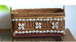 Indonesia Hand Woven Storage Basket, Natural Bamboo and Sea Shell Baskets-HomePaintingDecor