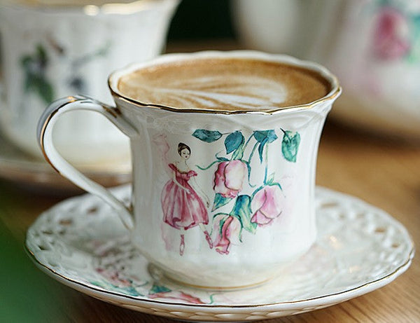 Elegant British Tea Cups, Beautiful Bone China Porcelain Tea Cup Set, Traditional English Tea Cups and Saucers, Unique Ceramic Coffee Cups-HomePaintingDecor