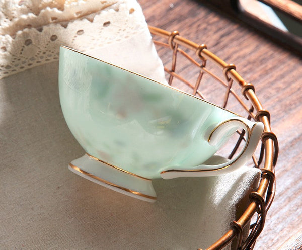 Elegant Sky Green Ceramic Cups, Unique Royal Coffee Cup and Saucer, Creative Bone China Porcelain Tea Cup Set, Beautiful British Tea Cups-HomePaintingDecor