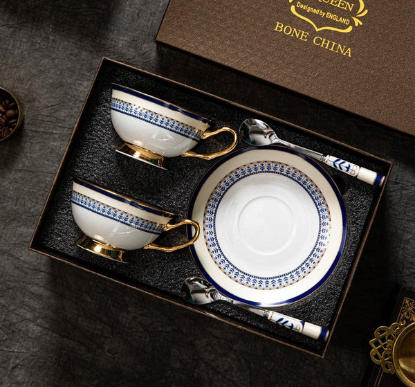 Blue Bone China Porcelain Tea Cup Set, Elegant British Ceramic Coffee Cups, Unique British Tea Cup and Saucer in Gift Box-HomePaintingDecor