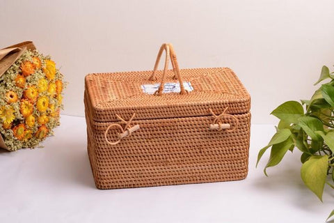 Rattan Wicker Serving Basket, Storage Baskets for Picnic, Kitchen Storage Baskets, Woven Storage Baskets with Lid-HomePaintingDecor