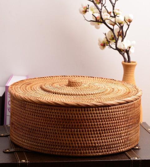 Woven Storage Basket with Lid, Large Rattan Storage Basket, Woven Round Basket for Kitchen-HomePaintingDecor
