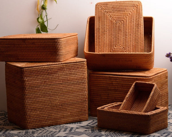 Woven Storage Baskets, Rectangular Storage Basket with Lid, Large Storage Basket for Clothes, Storage Baskets for Shelves, Kitchen Storage Baskets-HomePaintingDecor