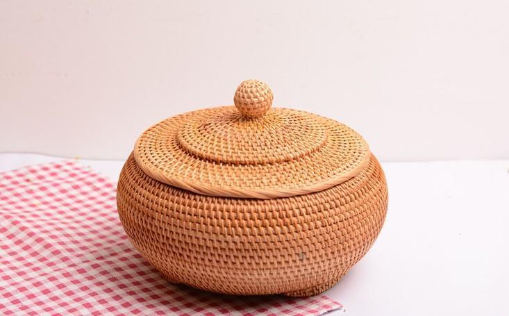 Round Storage Basket, Woven Storage Basket with Lid, Rattan Basket for Kitchen, Wicker Storage Basket-HomePaintingDecor