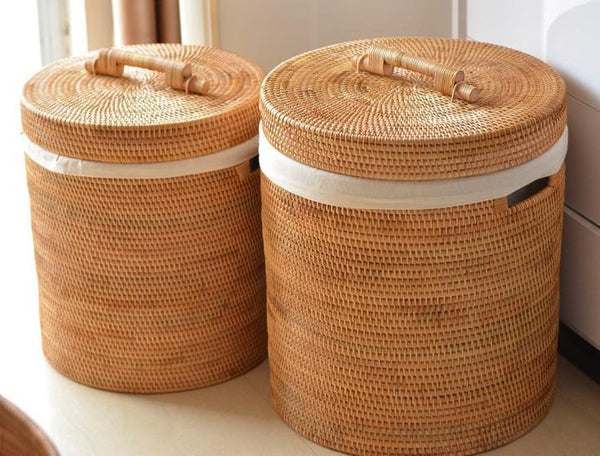 Large Laundry Storage Basket with Lid, Large Rattan Storage Basket for Bathroom, Woven Round Storage Basket for Clothes-HomePaintingDecor
