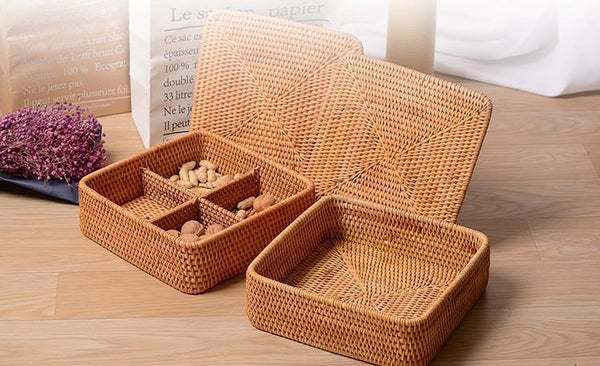 Storage Basket with Lid, Rattan Square Basket, Storage Basket with Lid, Kitchen Storage Baskets-HomePaintingDecor