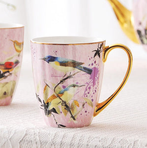 Elegant Pink Ceramic Coffee Mug, Beautiful Bird Flower Ceramic Mug, Large Creative Bone China Porcelain Mug, Large Capacity Ceramic Mugs for Office-HomePaintingDecor