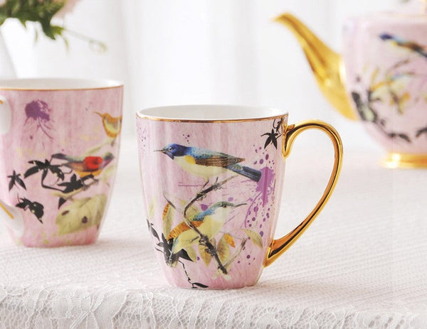 Elegant Pink Ceramic Coffee Mug, Beautiful Bird Flower Ceramic Mug, Large Creative Bone China Porcelain Mug, Large Capacity Ceramic Mugs for Office-HomePaintingDecor