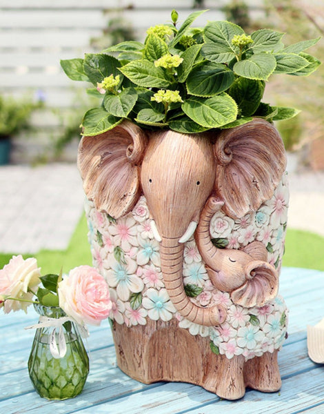 Beautiful Elephant Flowerpot, Modern Garden Flower Pot, Unique Animal Statue for Garden Ornaments, Resin Statue for Garden, Villa Outdoor Decor Gardening Ideas-HomePaintingDecor