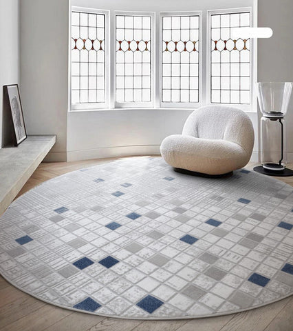 Circular Modern Area Rugs for Living Room, Geometric Modern Rugs for Bedroom, Blue and Gray Contemporary Area Rugs, Modern Area Rugs for Dining Room-HomePaintingDecor