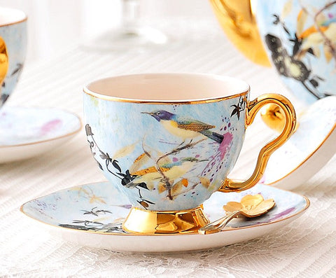 Elegant Ceramic Coffee Cups, Unique Bird Flower Tea Cups and Saucers in Gift Box as Birthday Gift, Beautiful British Tea Cups, Royal Bone China Porcelain Tea Cup Set-HomePaintingDecor