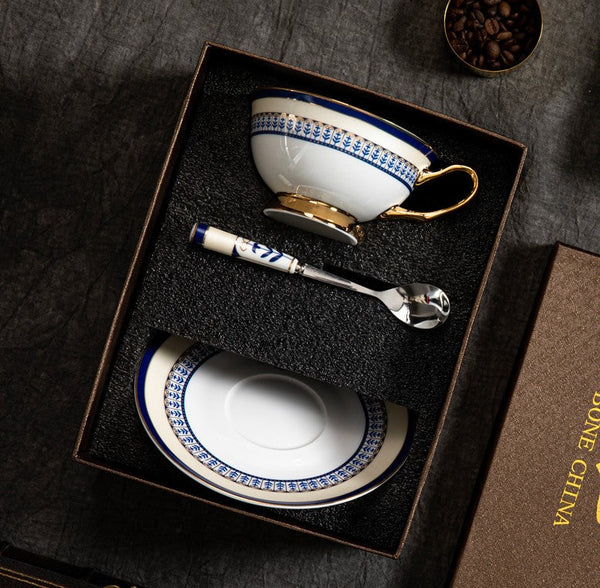 Elegant British Ceramic Coffee Cups, Unique British Tea Cup and Saucer in Gift Box, Blue Bone China Porcelain Tea Cup Set-HomePaintingDecor