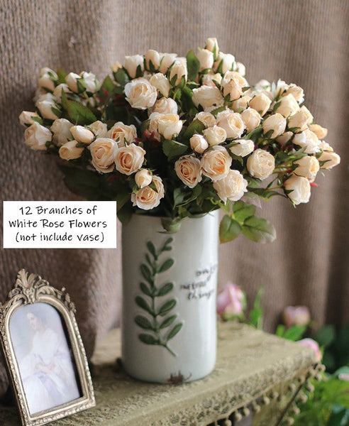 Wedding Artificial Flowers, 12 Branches of White Rose Flowers, White Rose Flower in Vase, Real Touch Flowers, Simple Flower Arrangement Ideas for Home Decoration-HomePaintingDecor