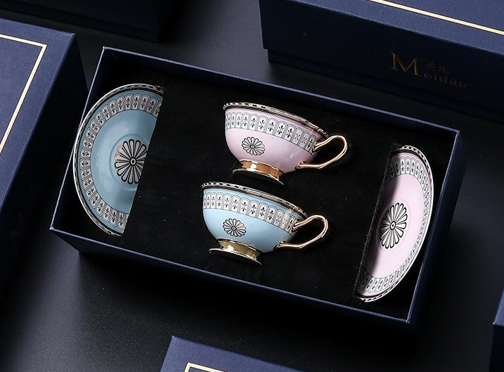 Royal Blue and Pink Bone China Porcelain Tea Cup Set, Tea Cups and Saucers in Gift Box, Elegant Ceramic Coffee Cups, Beautiful British Tea Cups-HomePaintingDecor