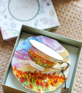 Elegant Ceramic Coffee Cups, Flower Field Vintage Bone China Porcelain Tea Cup Set, Unique British Tea Cup and Saucer in Gift Box, Royal Ceramic Cups-HomePaintingDecor