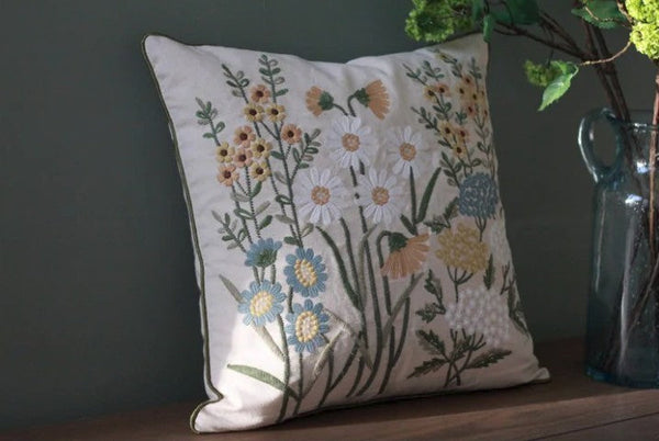 Decorative Pillows for Sofa, Flower Decorative Throw Pillows, Embroider Flower Cotton Pillow Covers, Farmhouse Decorative Throw Pillows-HomePaintingDecor
