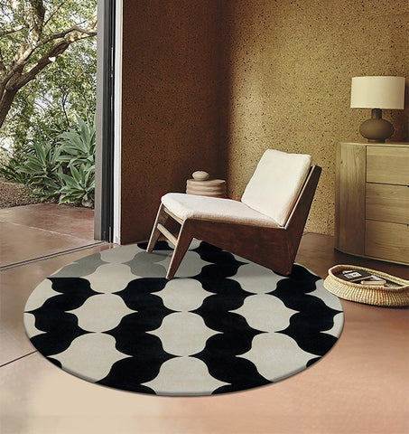 Abstract Round Modern Rug for Dining Room Table, Coffee Table Round Rugs, Black and White Modern Wool Rugs, Modern Wool Rugs for Living Room, Modern Rugs for Bedroom-HomePaintingDecor