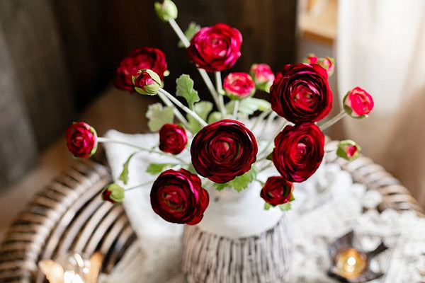 Bedroom Flower Arrangement Ideas, Red Ranunculus Asiaticus Flowers, Simple Modern Floral Arrangement Ideas for Home Decoration, Spring Artificial Floral for Dining Room-HomePaintingDecor