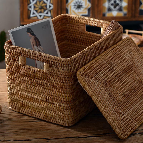 Wicker Rectangular Storage Basket with Lid, Extra Large Storage Baskets for Clothes, Kitchen Storage Baskets, Oversized Storage Baskets for Bedroom-HomePaintingDecor