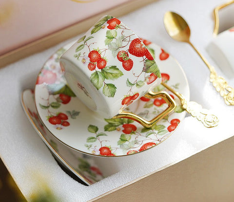 Strawberry Bone China Porcelain Tea Cup Set, Elegant Ceramic Coffee Cups, British Royal Ceramic Cups for Afternoon Tea, Unique Blue Tea Cup and Saucer in Gift Box-HomePaintingDecor