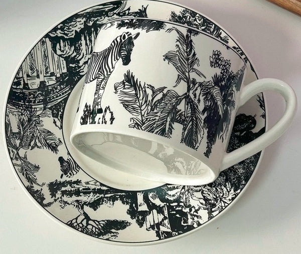 Unique Tea Cup and Saucer in Gift Box, Zebra Jungle Bone China Porcelain Tea Cup Set, Royal Ceramic Cups, Elegant Ceramic Coffee Cups-HomePaintingDecor