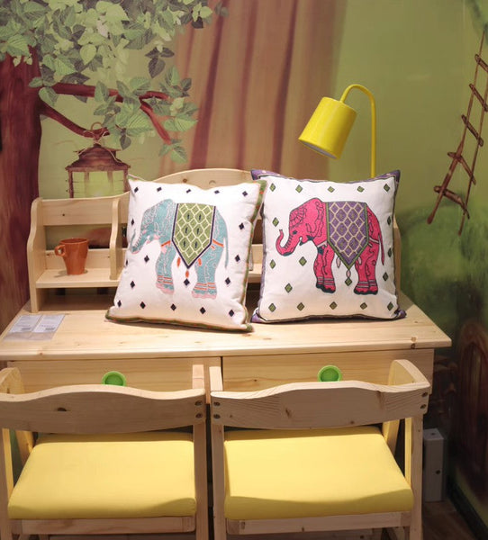 Elephant Embroider Cotton Pillow Covers, Farmhouse Decorative Sofa Pillows, Cotton Decorative Pillows, Decorative Throw Pillows for Couch-HomePaintingDecor