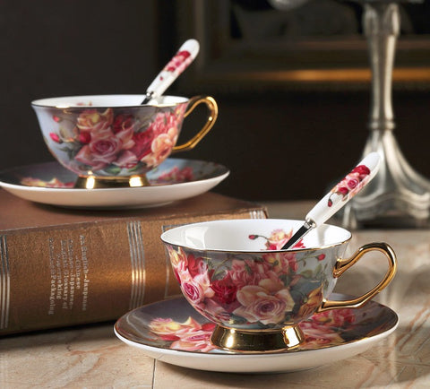 Ceramic Tea Cups and Saucers in Gift Box, Rose Flower Royal Bone China Porcelain Tea Cup Set, Elegant Ceramic Coffee Cups, Beautiful British Tea Cups-HomePaintingDecor