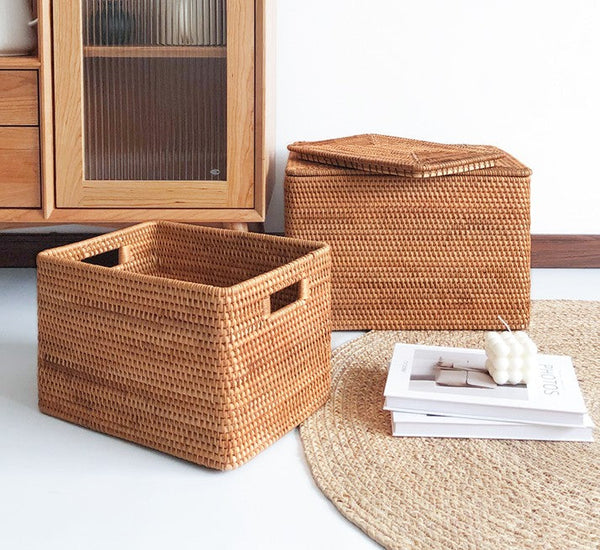 Rectangular Storage Basket with Lid, Rattan Basket, Storage Basket for Shelves, Storage Baskets for Bathroom, Bedroom Storage Baskets-HomePaintingDecor
