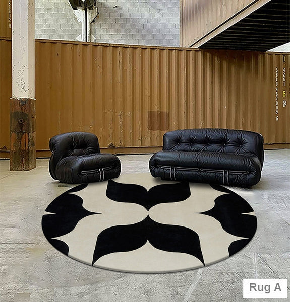 Modern Wool Rugs for Living Room, Modern Rugs for Bedroom, Coffee Table Round Rugs, Black and White Modern Wool Rugs, Abstract Round Modern Rug for Dining Room Table-HomePaintingDecor