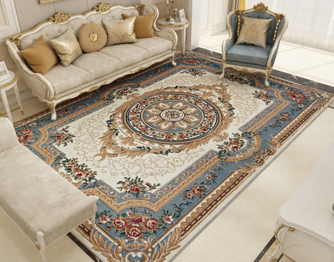 Dining Room Large Thick and Soft Flower Pattern Floor Rugs, Luxury Thick Blue Rugs for Living Room, Oversized Soft Floor Carpets in Bedroom-HomePaintingDecor