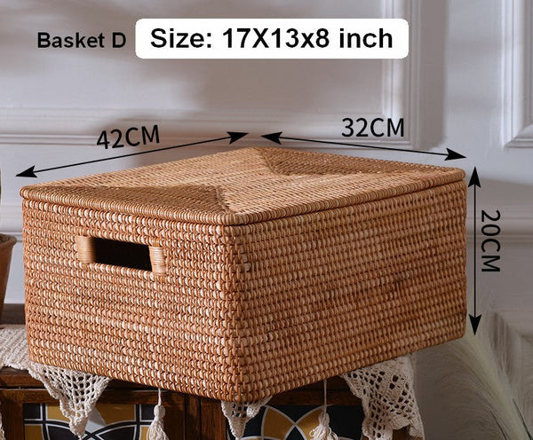 Oversized Rectangular Storage Basket with Lid, Woven Rattan Storage Basket for Shelves, Storage Baskets for Bedroom, Extra Large Storage Baskets for Clothes-HomePaintingDecor