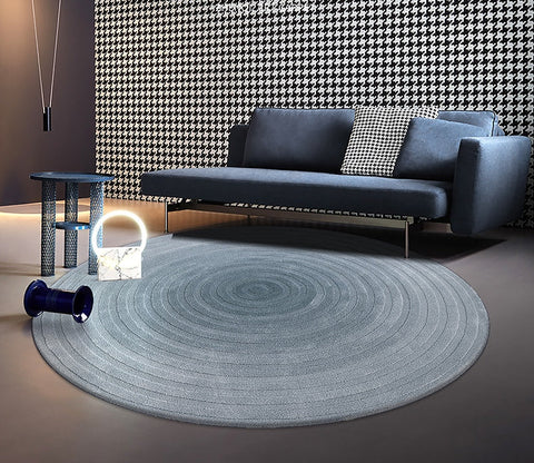 Simple Modern Rugs under Coffee Table, Living Room Contemporary Modern Rugs, Geometric Blue Wool Rugs for Dining Room, Abstract Modern Round Rugs for Bedroom-HomePaintingDecor