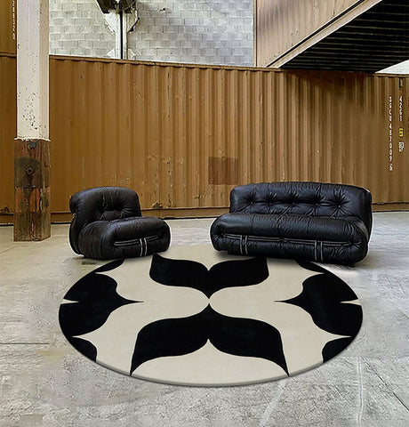 Coffee Table Round Rugs, Black and White Modern Wool Rugs, Abstract Round Modern Rug for Dining Room Table, Modern Wool Rugs for Living Room, Modern Rugs for Bedroom-HomePaintingDecor