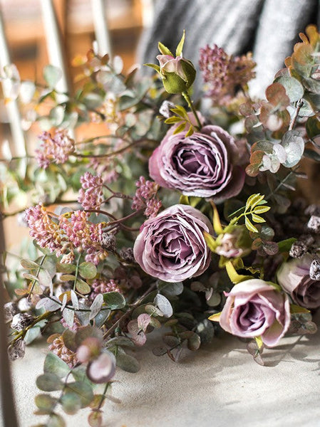 Artificial Floral for Bedroom, Bunch of Purple Rose Flowers, Eucalyptus globulus, Botany Plants, Creative Flower Arrangement Ideas for Home Decoration-HomePaintingDecor