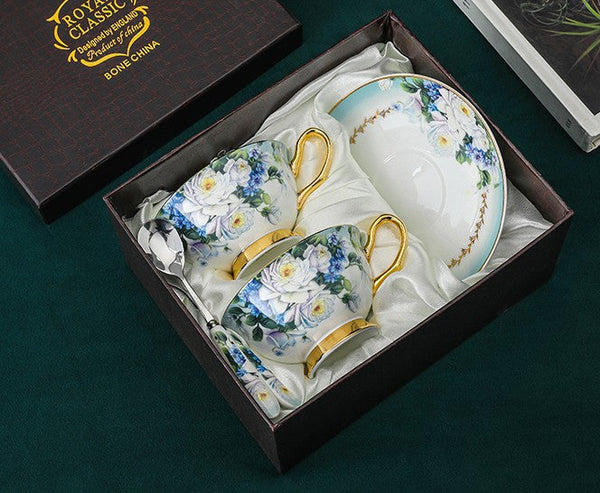 Royal Bone China Porcelain Tea Cup Set, Rose Flower Pattern Ceramic Cups, Elegant British Ceramic Coffee Cups, Unique Tea Cup and Saucer in Gift Box-HomePaintingDecor