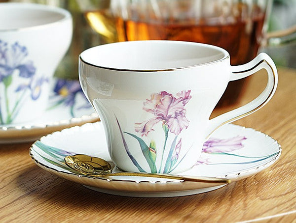 Iris Flower British Tea Cups, Beautiful Bone China Porcelain Tea Cup Set, Traditional English Tea Cups and Saucers, Unique Ceramic Coffee Cups in Gift Box-HomePaintingDecor