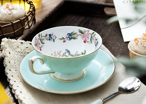 Elegant Sky Green Ceramic Cups, Unique Royal Coffee Cup and Saucer, Creative Bone China Porcelain Tea Cup Set, Beautiful British Tea Cups-HomePaintingDecor