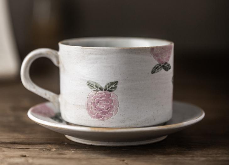 Cappuccino Coffee Mug, Rose Flower Pattern Coffee Cup, Tea Cup, Pottery Coffee Cups, Coffee Cup and Saucer Set-HomePaintingDecor