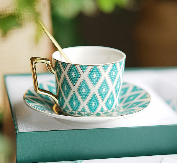 Afternoon Green British Tea Cups, Unique Ceramic Coffee Cups, Creative Bone China Porcelain Tea Cup Set, Traditional English Tea Cups and Saucers-HomePaintingDecor
