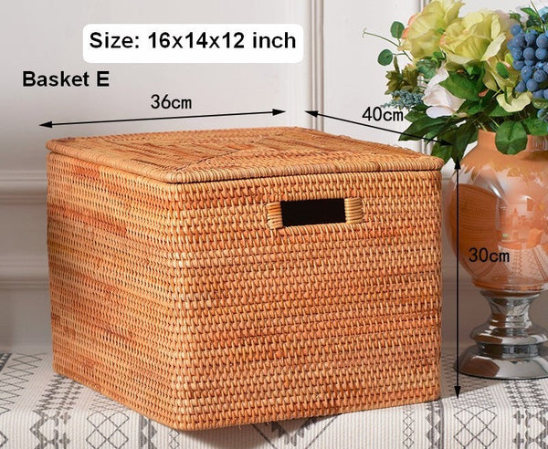 Square Storage Basket with Lid, Extra Large Storage Baskets for Clothes, Rattan Storage Basket for Shelves, Oversized Storage Baskets for Kitchen-HomePaintingDecor