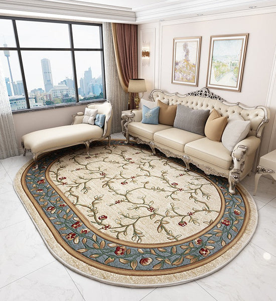 Bedroom Floor Rugs, Large Rugs for Living Room,Farm House Area Rugs, Luxury Rustic Oval Rugs under Couch, Flower Pattern Area Rugs under Coffee Table-HomePaintingDecor