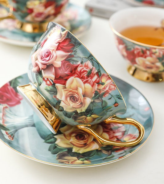 Rose Royal Ceramic Cups, Elegant Flower Ceramic Coffee Cups, Afternoon Bone China Porcelain Tea Cup Set, Unique Tea Cups and Saucers in Gift Box-HomePaintingDecor